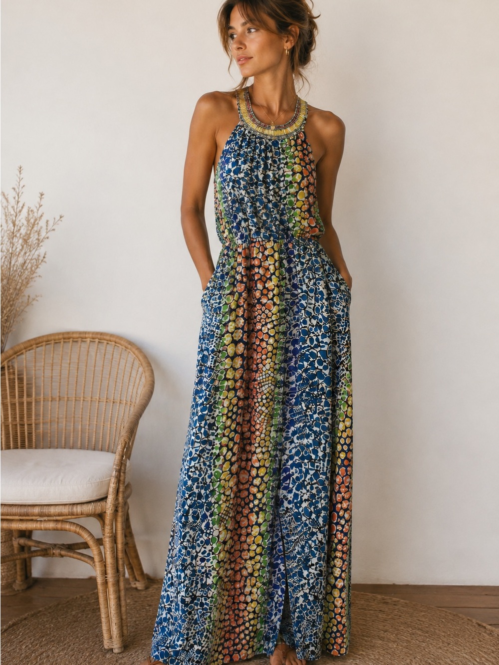 Anthropologie HD in Paris Mayacamas Beaded Halter Maxi Dress - Picture 1 of 13